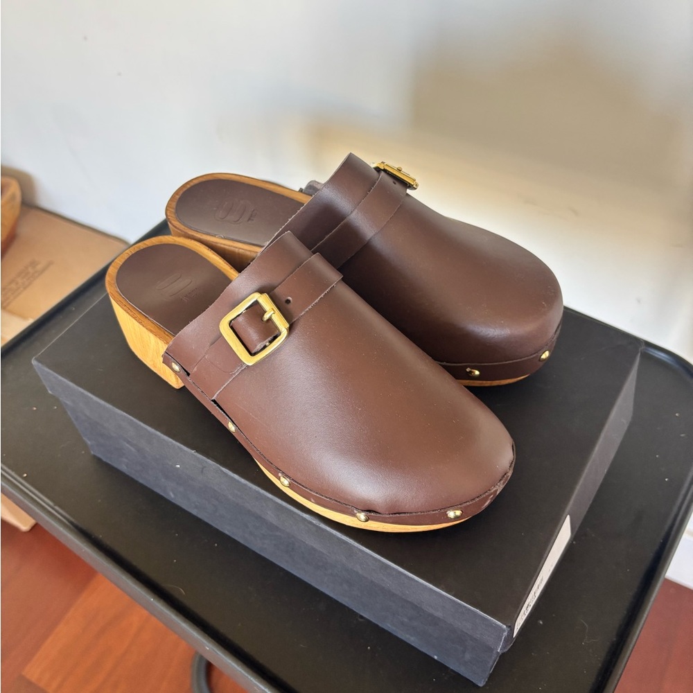 Women's Brown Leather Clog Mules with Gold Buckle
